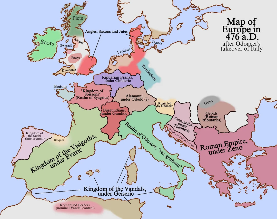 Mapa etniczna Europy z 476 roku