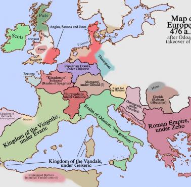 Mapa Europy z 476 roku po przejęciu Italii przez Odoakera
