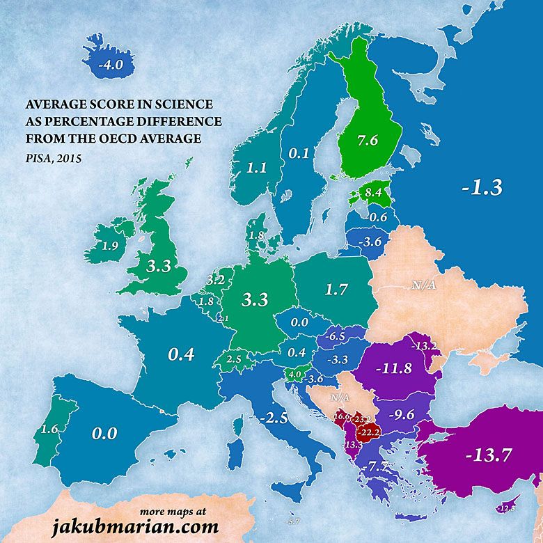 Średni wynik w nauce w poszczególnych krajach Europy w odniesieniu do średniej krajów OECD, dane z 2015 badanie PISA