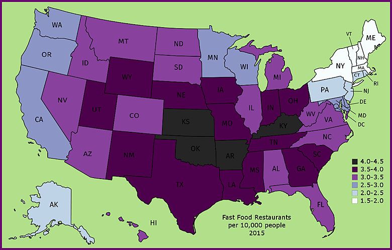Restauracje typu fast food na 10 tys. mieszkańców, USA (stany), dane 2015