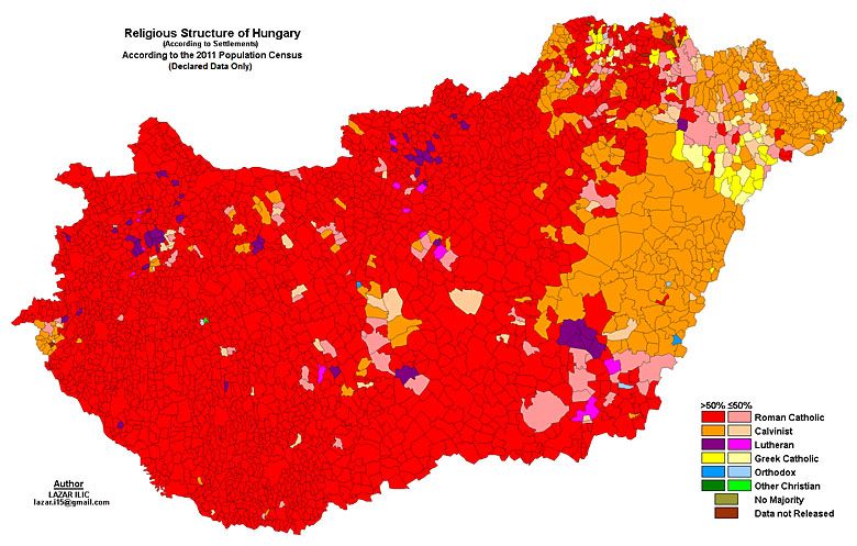 Dominujące religie na Węgrzech, stan 2011