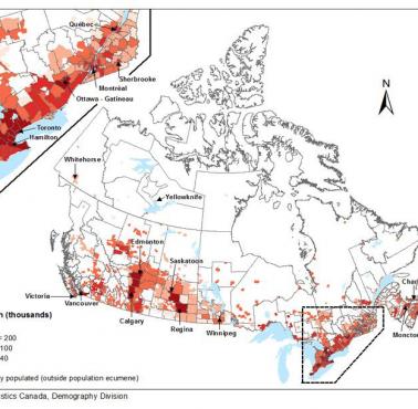 50% Kanadyjczyków mieszka w wzdłuż autostrady 401 między Windsorem a Montrealem. Gęstość zaludnienia Kanady