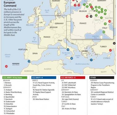 Rozmieszczenie kluczowych amerykańskich baz w Europie, stan 2012