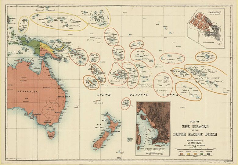 Mapa wysp Południowego Pacyfiku przedstawiająca terytoria brytyjskie, niemieckie, francuskie, holenderskie i amerykańskie (1914)