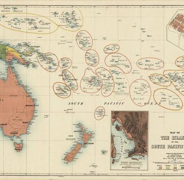 Mapa wysp Południowego Pacyfiku przedstawiająca terytoria brytyjskie, niemieckie, francuskie, holenderskie i amerykańskie (1914)