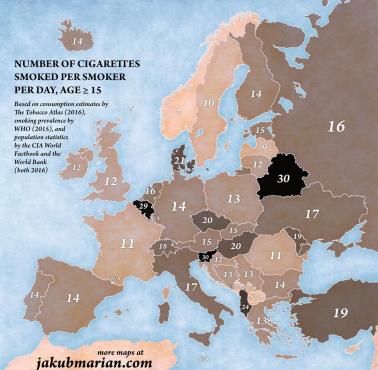 Liczba wypalonych papierosów na osobę (powyżej 15 roku życia) dziennie w Europie, 2016