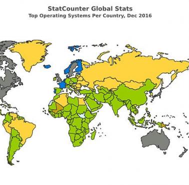 Najpopularniejsze systemy operacyjne w poszczególnych krajach świata, dane z grudnia 2016 roku