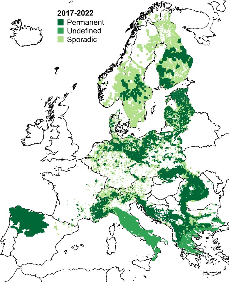 Występowanie wilków w Europie, 2017-2022