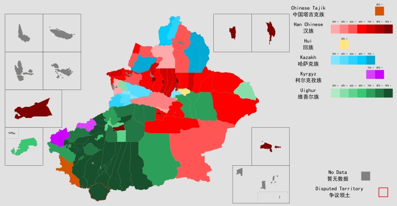 Mapa etniczna hrabstw w chińskim Xinjiangu (Sinciangu), 2018
