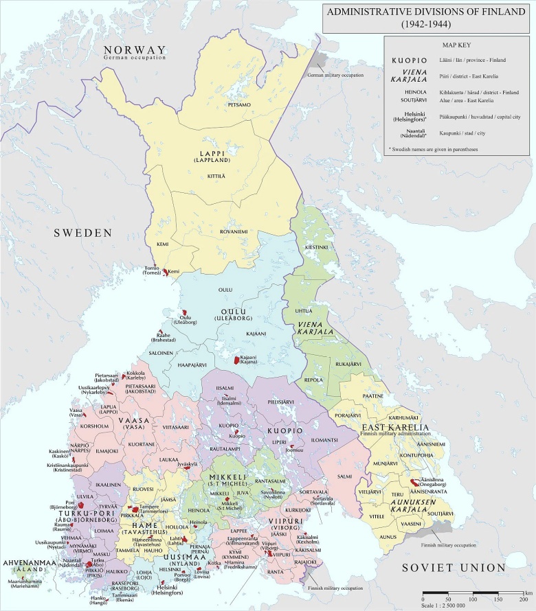 Mapa administracyjna Finlandii w latach 1942-1944 (w tym Karelia Wschodnia, czasowo okupowana)
