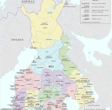 Mapa administracyjna Finlandii w latach 1942-1944 (w tym Karelia Wschodnia, czasowo okupowana)