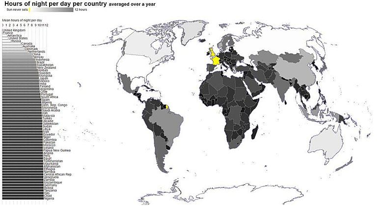 Godziny nocne dziennie w poszczególnych krajach średnio w ciągu roku