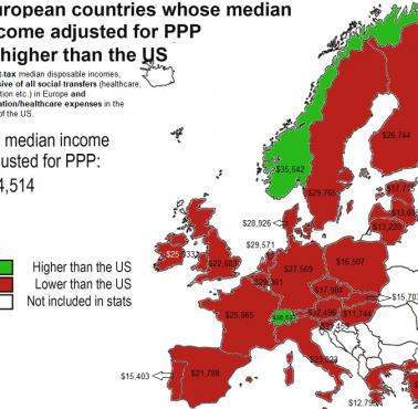 Kraje europejskie, które mają większą medianę dochodów niż w USA