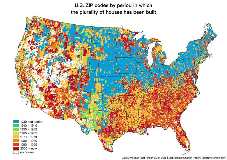 Mapa z naniesionym średnim wiekiem domów i mieszkań w USA