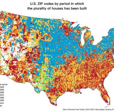 Mapa z naniesionym średnim wiekiem domów i mieszkań w USA