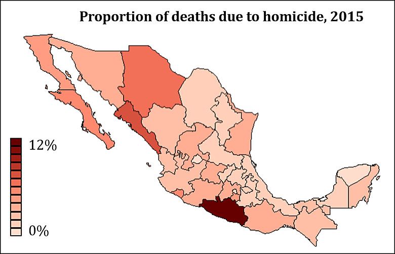 Proporcja zgonów z powodu zabójstw, Meksyk, dane 2015