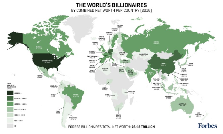 Ile są warci miliarderzy w poszczególnych państwach świata, dane Forbes