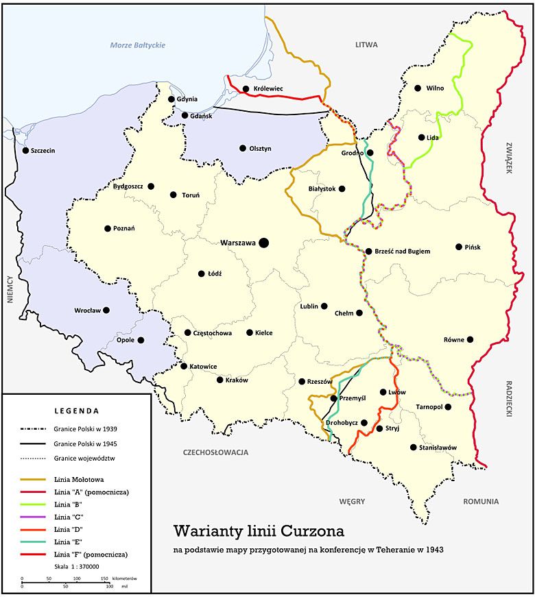 Warianty linii Curzona na podstawie ustaleń Wielkiej Trójki w Teheranie w 1943 roku