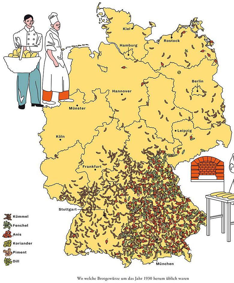 Które przyprawy dominują w chlebie produkowanym w różnych częściach Niemiec