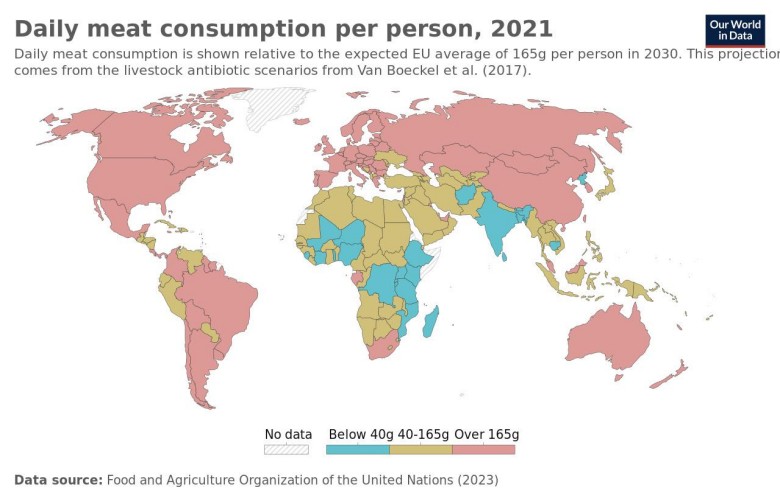 Dzienne spożycie mięsa na mieszkańca na świecie, 2021