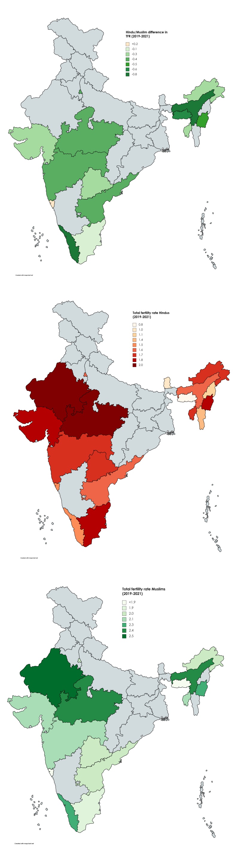 Współczynnik dzietności w Indiach z podziałem na muzułmanów i hindusów według stanów w latach 2019-2021