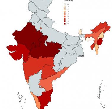 Współczynnik dzietności w Indiach z podziałem na muzułmanów i hindusów według stanów w latach 2019-2021