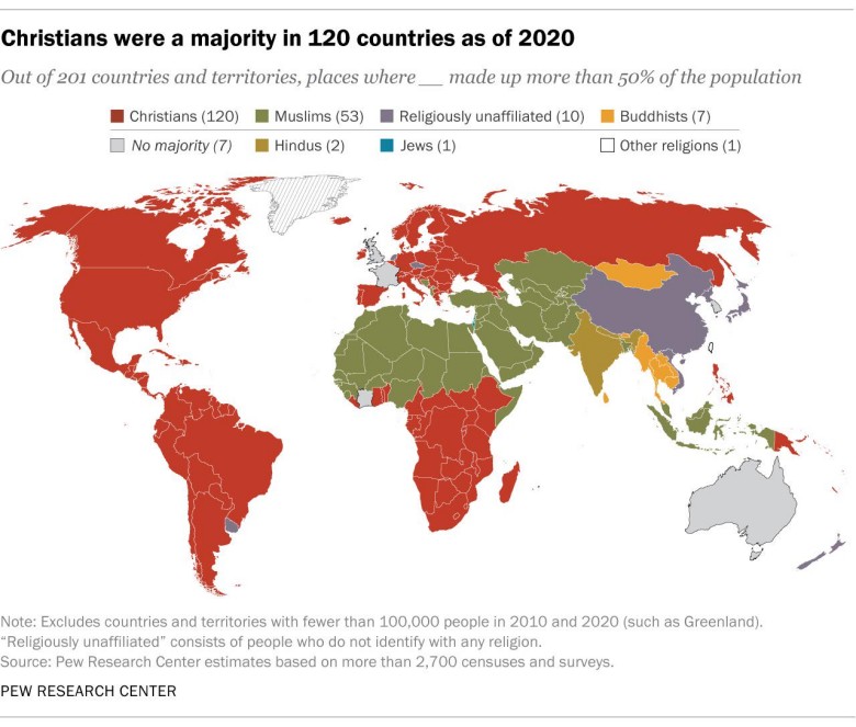Kraje o większości chrześcijańskiej (ponad 50 proc.) w latach 2010-2020, PEW