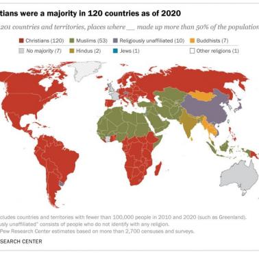 Kraje o większości chrześcijańskiej (ponad 50 proc.) w latach 2010-2020, PEW