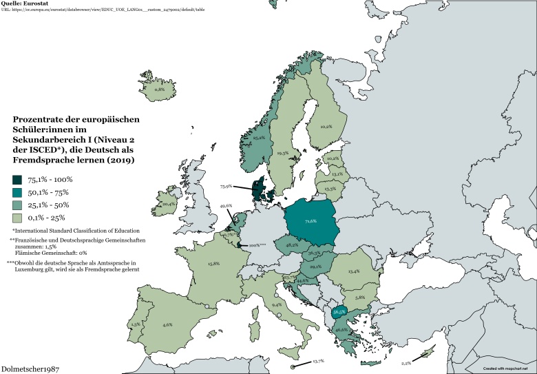 Odsetek uczniów szkół gimnazjalnych, którzy uczą się języka niemieckiego jako języka obcego, 2019 r., Eurostat