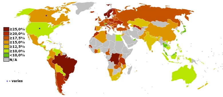 Podatek od sprzedaży/stawki VAT na całym świecie, 2008