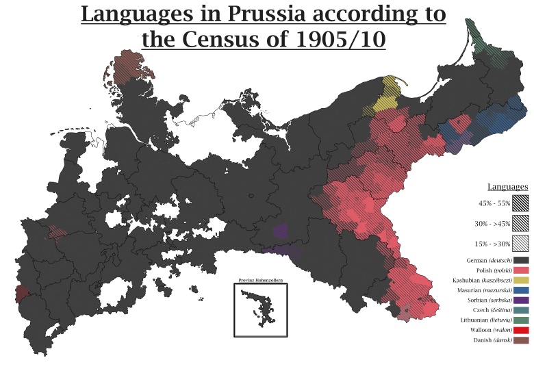 Mniejszości etniczne (języki) mieszkańców Prus według danych spisowych z 1905 i 1910 r.