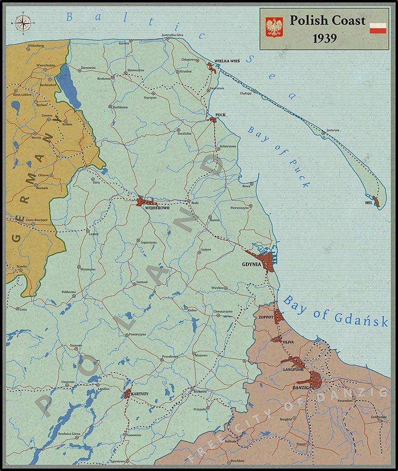 Mapa polskiej linii brzegowej z 1939 roku