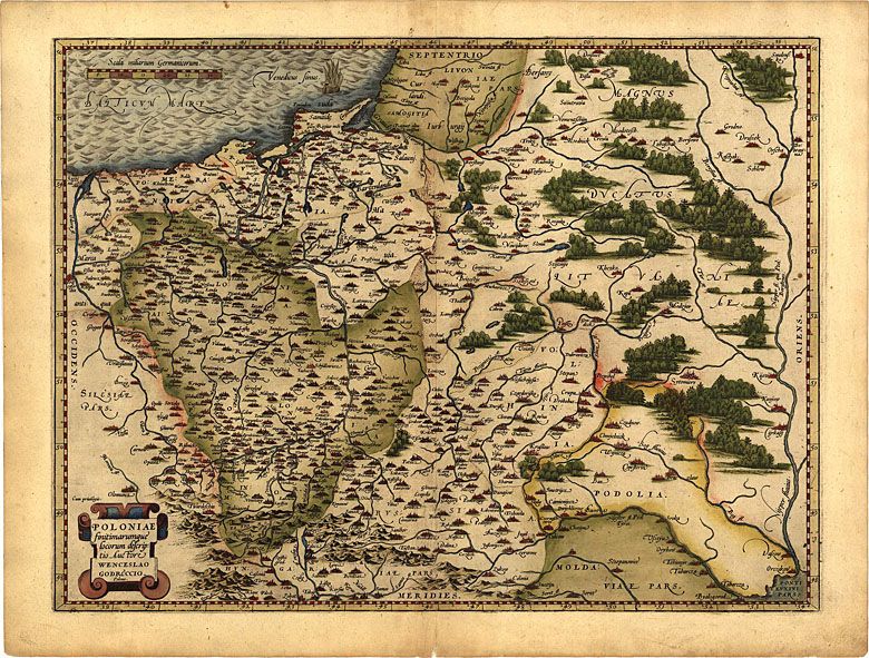 Mapa I RP opracowana przez Wacława Grodzieckiego na podstawie Theatrum Orbis Terrarum z 1570 roku