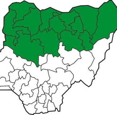 Na zielono zaznaczono stany Nigerii, gdzie wprowadzono prawo szariatu (prawo religijne zamiast świeckiego)