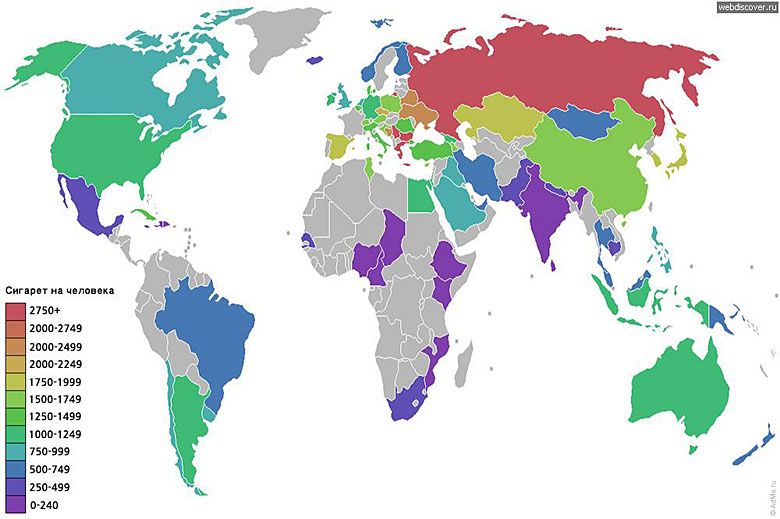 Średnia ilość wypalonych papierosów na głowę w poszczególnych krajach świata