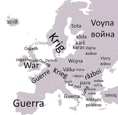 Słowo "wojna" we wszystkich językach europejskich