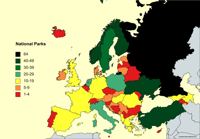 Ile jest parków narodowych w każdym kraju europejskim, 2021