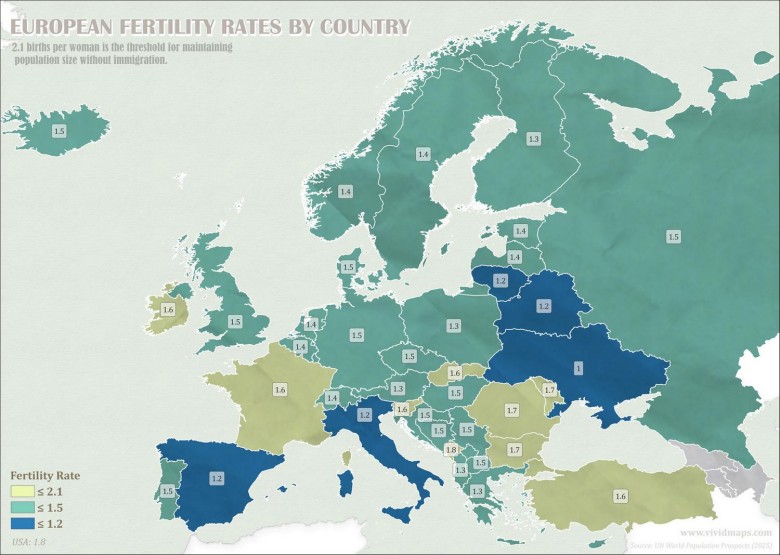 Zastępowalność pokoleniowa w poszczególnych państwach Europy, współczynnik dzietności większy lub równy 2.1 na kobietę