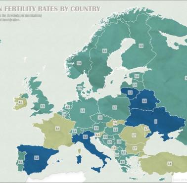 Zastępowalność pokoleniowa w poszczególnych państwach Europy, współczynnik dzietności większy lub równy 2.1 na kobietę