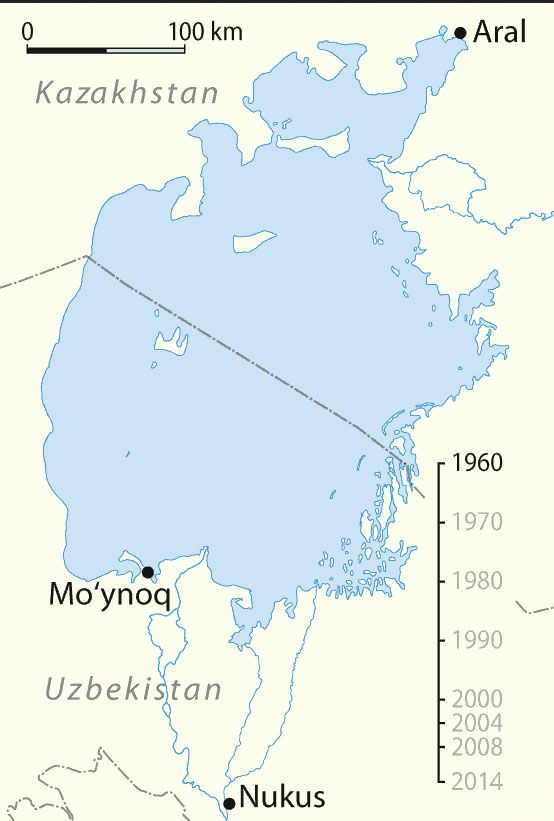 Zmniejszenie się Jeziora Aralskiego w latach 1960-2014 (animacja)