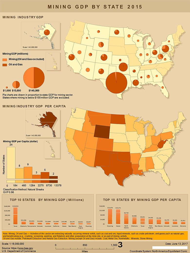 Udział górnictwa (ropa naftowa i wydobycie) w PKB poszczególnych stanów USA, dane 2015