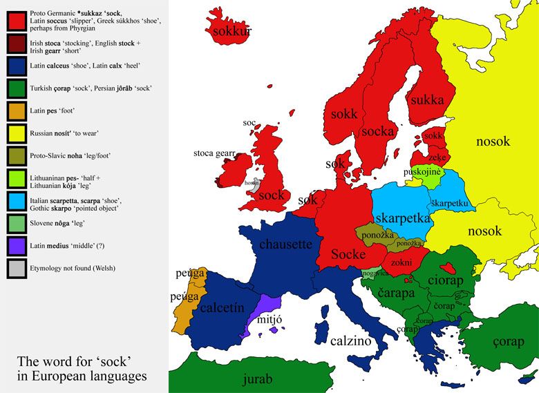 Słowo skarpetka w różnych europejskich językach