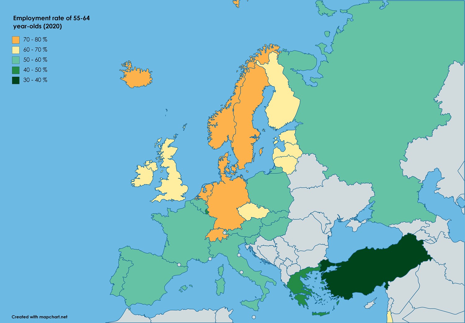 Wskaźnik zatrudnienia osób w wieku 55-64 lat w krajach europejskich, 2020