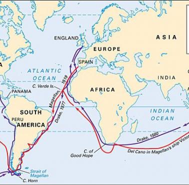 Trasy pierwszych podróży dookoła świata - Magellan i Drake
