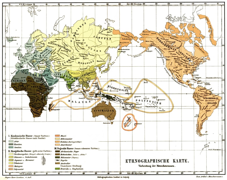 Mapa etnograficzna (ludzkich ras) - Meyers Konversations Lexikon, 1885-1890