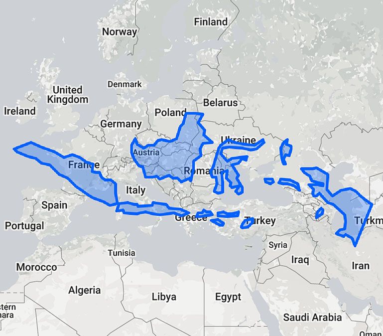 Obszar Indonezji umieszczony na mapie Europy