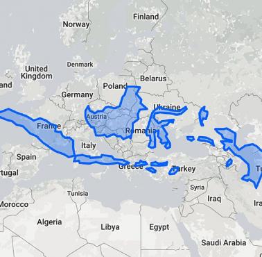 Obszar Indonezji umieszczony na mapie Europy