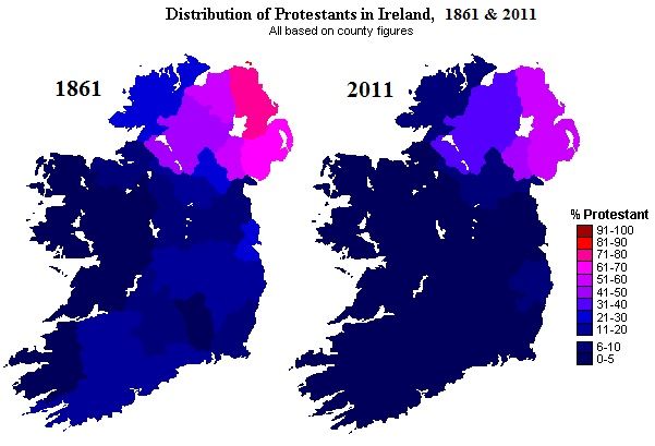 Protestanci w Irlandii, porównanie danych z 1861 i 2011 roku