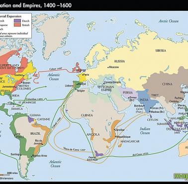 Mapa zdobyczy kolonialnych państw europejskich w latach 1400-1600