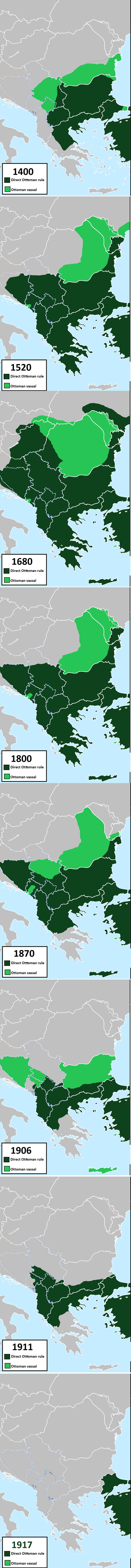 Imperium Osmańskiego w Europie Południowo-Wschodniej w latach 1400, 1520, 1680, 1800, 1870, 1906, 1911 i 1917